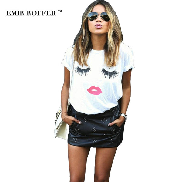 EMIR ROFFER eyelash red lips tshirts print letters female T-shirt  plus size summer tee shirt femme harajuku shirt women tops