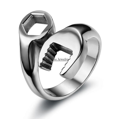 Fashion Cool Biker Mechanic Wrench Stainless Steel Mens Ring Punk Style Rings for men Size 8-13 anel masculino