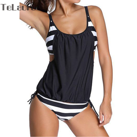 2017 Bikini Tankini Two Piece Women Black Bathing Suit Padded Brasil Sexy Swimming Suit Stripe Bottom Sport Swimwear Plus Size