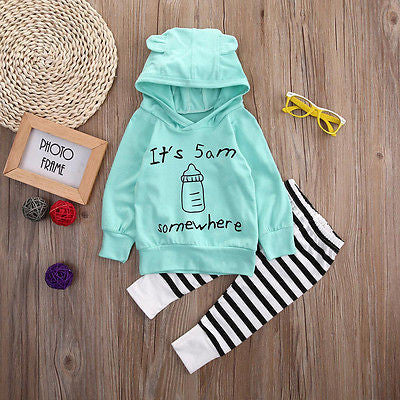 Cute Blue Toddler Clothes Baby Boy Cotton Hooded Tops Kids Striped Pants Baby Girl Autumn Outfit 2PCS Set
