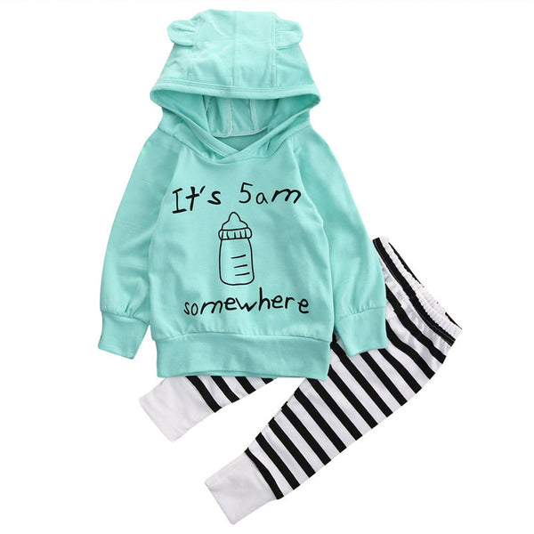 It's 5am Somewhere Toddler Baby's Sets Baby Boy Girls Clothes Sets Cotton Long Sleeve Ears Hooded Tops + Striped Pants Outfit