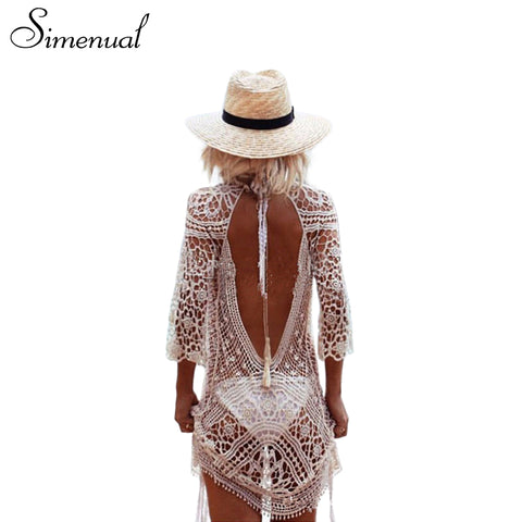 Simenual Backless cut out summer lace beach dresses ladies 2017 casual new hollow out sexy hot women dress white pareos swimwear