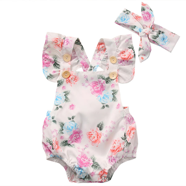 Adorable Baby Girls Floral Bodysuit One-pieces Summer Clothes Sunsuit Set