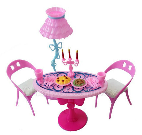 1 Set Vintage Table Chairs For Barbie Dolls Furniture Dining Sets Toys For Girl Kid Child For Pink