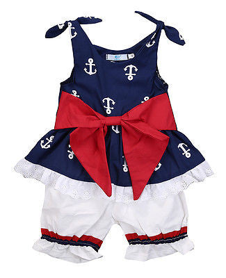 Baby Anchor Bow Lace Sleeveless Tops T-shirt Shorts Pants 2pcs Suit Outfits Set