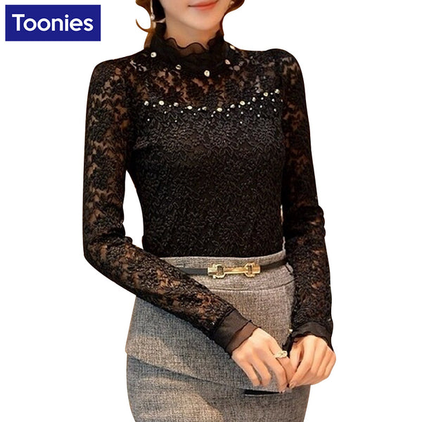 2017 Autumn New Fashion Lace Blouse Women Shirts Turtleneck Women Blouses Long Sleeved Blusas Femininas Slim Women Tops Blusa