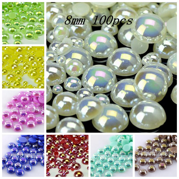 Hot Sale!Free Shipping 100Pcs/lot Size 8mm AB Colors Imitation Pearls Craft Half Round Flatback Beads DIY Decoration