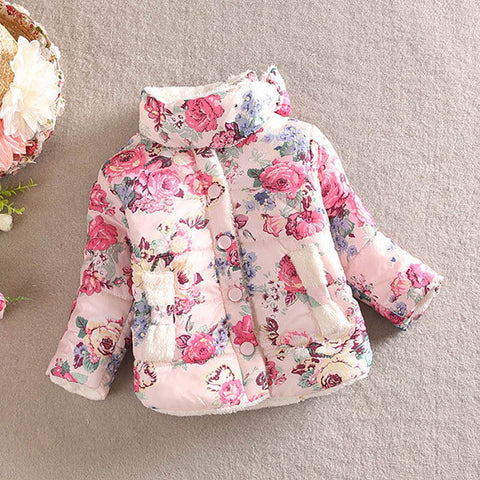 Children Baby Girl Floral Stand Collar Winter Long Sleeve Bow Coat Outerwear 2-6Y