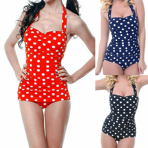 One Piece Swimwear Women 2016 Hot Sale Plus Size Sexy Polka Dot Swimsuit Halter Bandage Push Up Monokini Retro Swim Bathing Suit