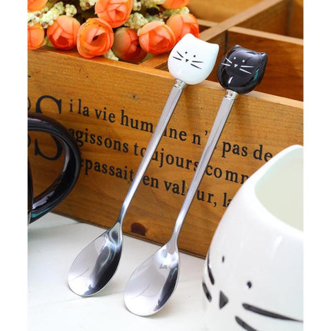1Pc Stainless Steel Cartoon spoons cat ceramic spoons Unique Ice Cream Flatware Kitchen Tool  black white A45