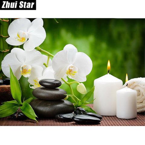 New Full Square Diamond 5D DIY Diamond Painting "Orchid Candles Stones" Embroidery Cross Stitch Rhinestone Mosaic Painting Gift