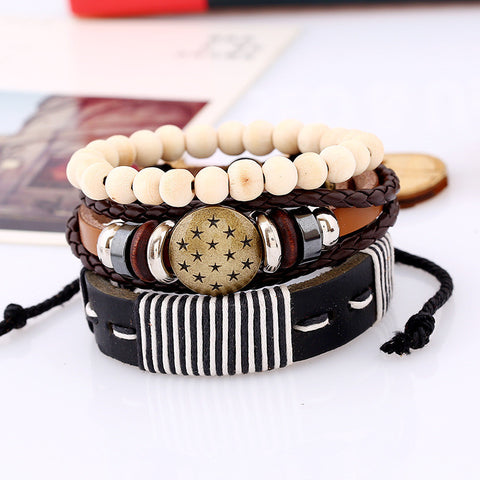 New Fashion Style Leather Bracelets Wood Beads Weave Wrap Hemp Rope Bracelet For Male and Female 3pcs 1 Set