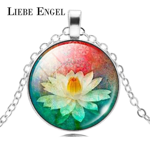 LIEBE ENGEL Mandala Lotus Flower Necklace Pendant Om Symbol Buddhism Zen Glass Jewelry Vintage Silver Color Chain Choker 2017