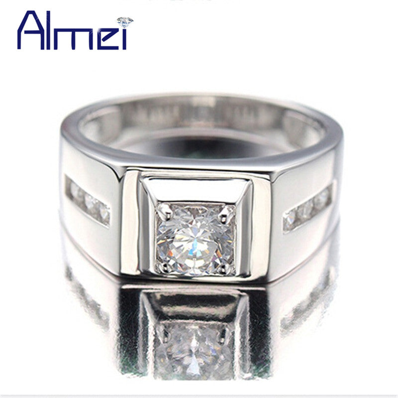 Almei 925 Sterling Silver Rings Men 2017 Fashion Punk Jewelry Cubic Zirconia Men's Engagement Wedding Ring Anel Masculino J473