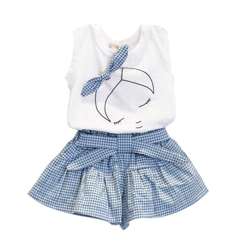 Kid Baby Girl Clothes Set Bowknot T-shirt Tops + Plaids&Check Dress Skirt Pants Outfits