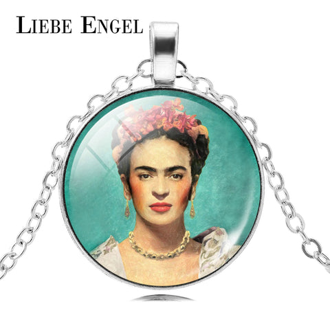 LIEBE ENGEL Frida Kahlo Glass Cabochon Choker Necklace Women Jewelry Vintage Silver Color Chain Statement Necklace & Pendant