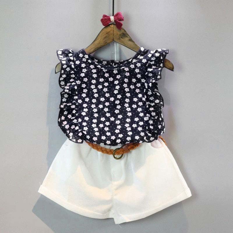 Summer Toddler Kids Baby Girls Clothes Sets Floral Chiffon Polka Dot Sleeveless T-shirt Tops+Shorts Outfits L16
