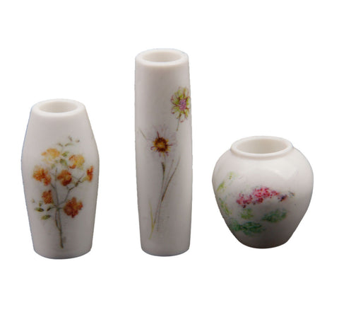 High Quality Unisex ABS Porcelain 3pcs Doll House Miniature Flower Vase with Floral Printed Dollshouse Gift Decoration Accessory