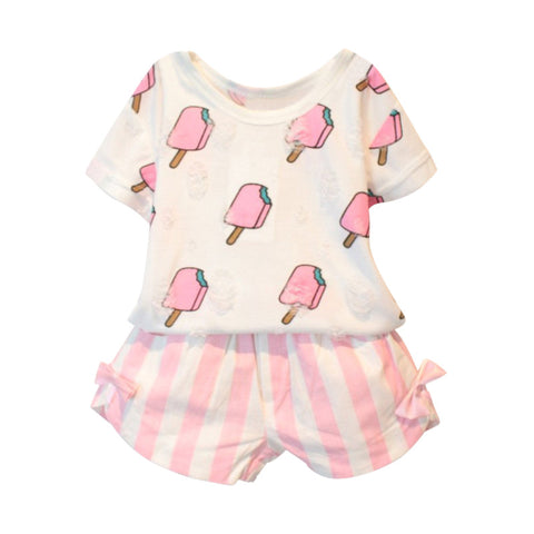 New Summer Kids Girls Clothing Set Ice Cream Printed T-shirt +Striped Bow Shorts 2 Pcs 1-6Y L07