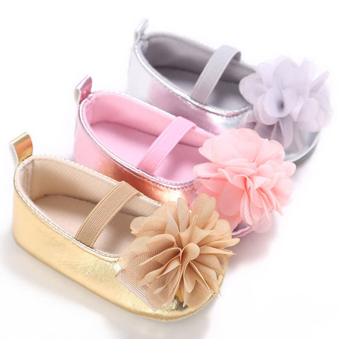 New PU Leather Golden Silver Pink Newborn Baby Kid Prewalkers Shoes Princess Girl Mary Jane Big Flower Soft Soled Anti-slip Shoe