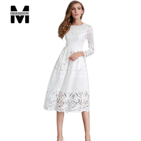 Merderheow New European 2017 Spring Women's Lace Hollow Out Long Dresses Femme Casual Clothing Women Sexy Slim Party Dress L13