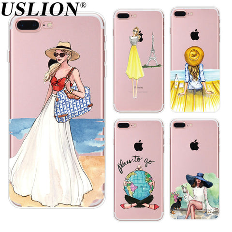 For Apple iPhone 7 6 6s 5 5s SE Plus Phone Cases Cute Transparent Beautiful Travel Girl Soft TPU Phone Back Cover Capa Coque