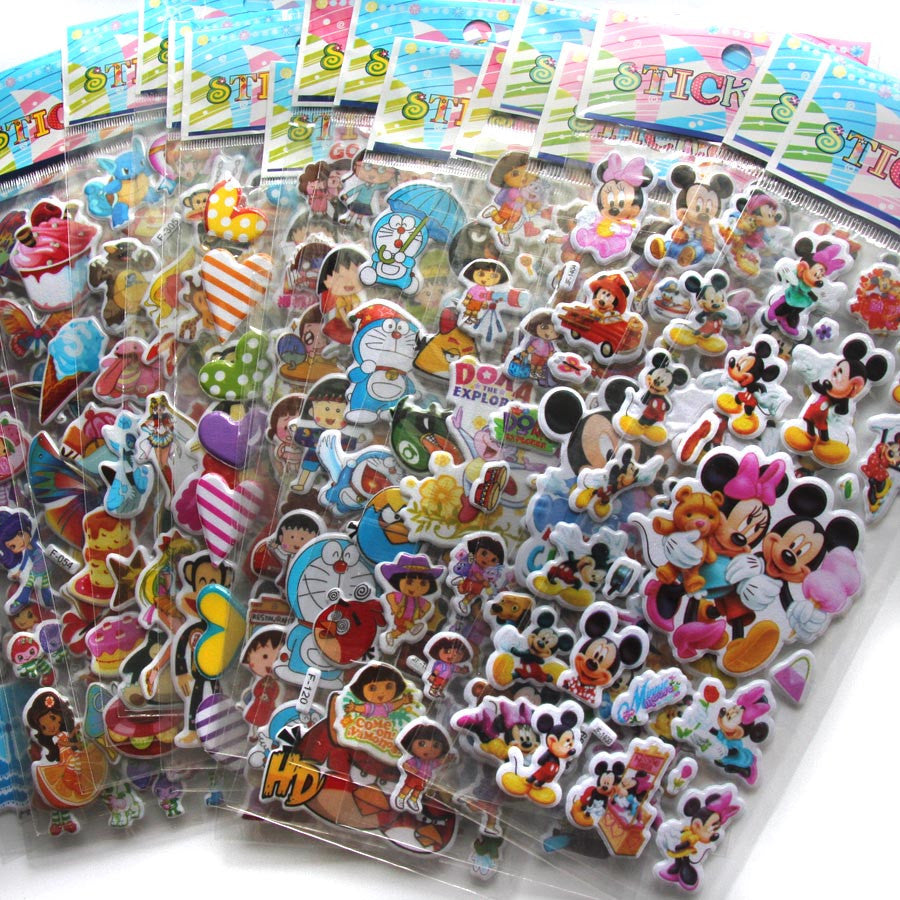10 Sheets/lot 3D Puffy Bubble Stickers Mixed Cartoon Mickey Cars Spiderman Waterpoof DIY Children Kids Boy Girl Toy Hot Sale