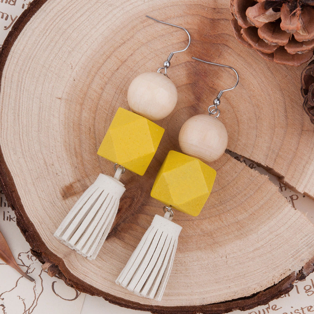 8SEASONS Wood & Suede Velvet Tassel Earrings Silver-gray Yellow Square 99mm(3 7/8") x 20mm( 6/8"), 1 Pair