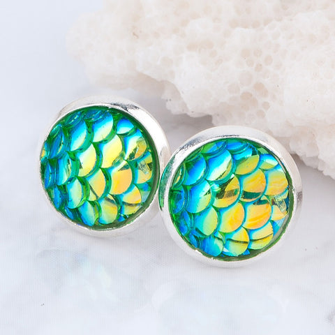 DoreenBeads Handmade Druzy /Drusy Resin Beads Round Earrings Mermaid Fish Scale Pattern Fashion Trendy Woman 15x12mm 1Pair