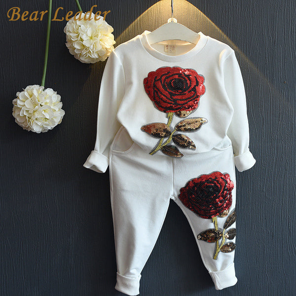 Bear Leader Girls Clothing Sets 2017 Spring Wool Sportswear Long Sleeve Rose Floral Embroidered Sequinsets Kids Clothing Sets