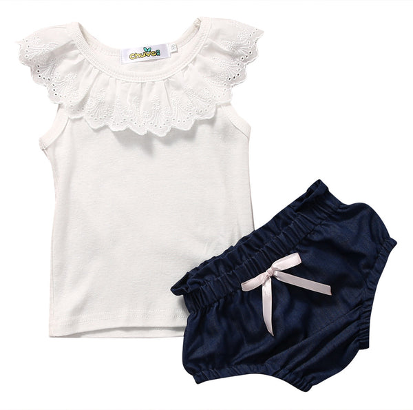 Cute Newborn Baby Girl Clothes 2017 Lace Vest Top+ Denim Short Bottoms 2PCS Outfit Bebek Giyim Kids Clothing Set 0-24M
