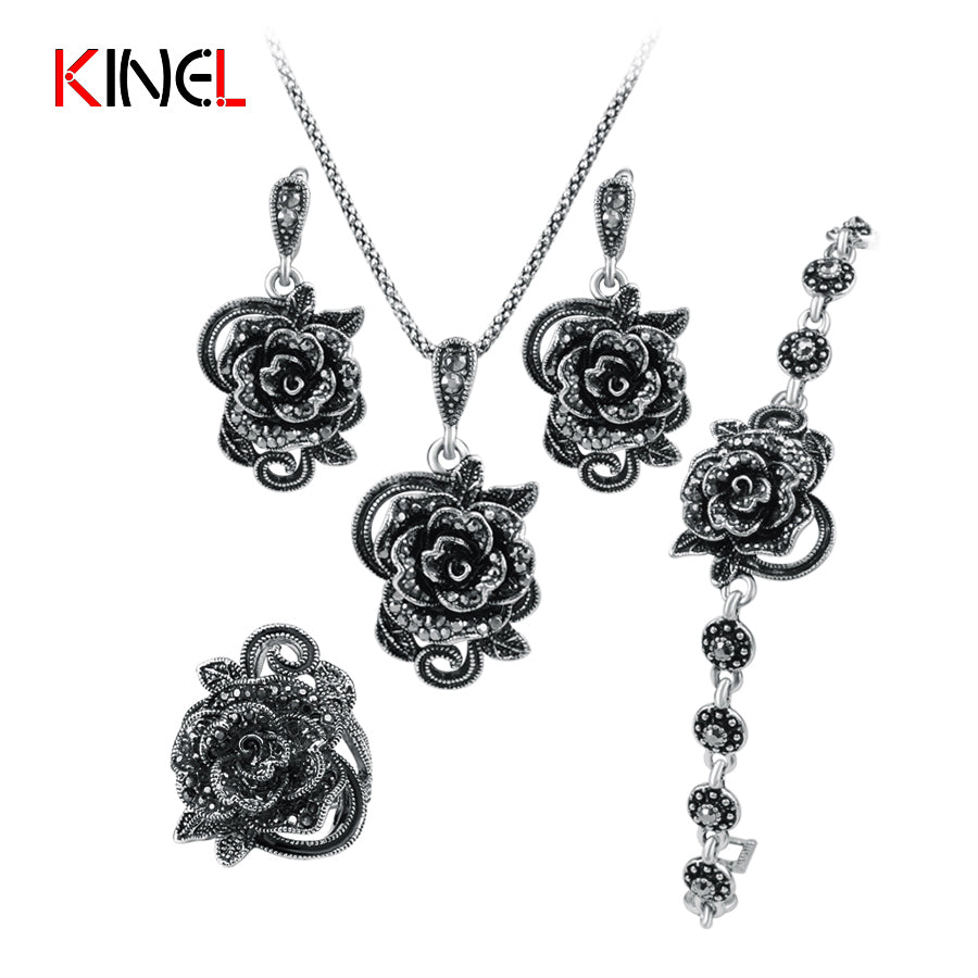 KineL Brand Rose Flower Black Crystal Jewelry Set Plating Ancient Silver 4Pcs/Sets Vintage Wedding Jewelry For Women