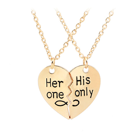 2 Pcs"Her one His Only" 2017 Valentine's Day Lettering Necklaces Fashion Broken Heart Pendant Couple Necklaces For Lovers Gifts