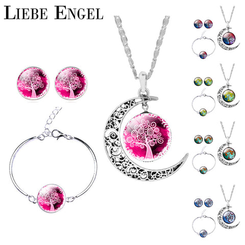 LIEBE ENGEL Silver Color Jewelry Sets Moon Pendant Necklace Earrings Bracelet Tree Of Life Picture Glass Cabochon Women Gift