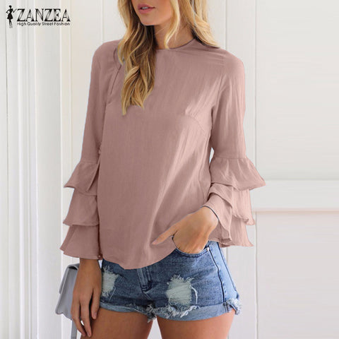 ZANZEA Women Blouses Shirts 2017 Autumn Elegant Ladies O-Neck Flounce Long Sleeve Solid Blusas Casual Loose Tops
