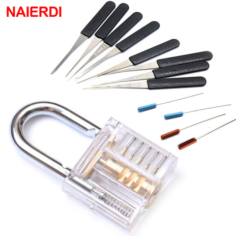 NAIERDI Transparent Visible Pick Cutaway Practice Padlock Lock With Broken Key Removing Hooks Lock Extractor Set Locksmith Tool