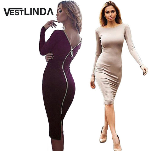 VESTLINDA Plus Size Robe Sexy Femme Midi Sheath Bodycon Dress Long Sleeve Elegant Dresses Women Back Zipper Pencil Tight Dress