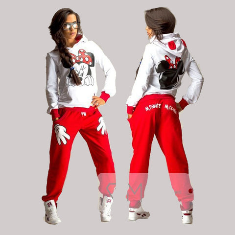 2017 Women Set Casual Sportswear Cute Ear Minnie Mouse Printed With Hooded long-sleeved Suit Tenue Tracksuit  Femme