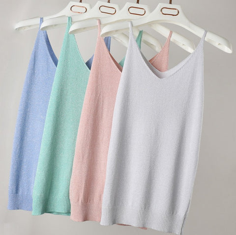 Summer Women Fashion Slim Knitting Tank Tops Female Bodycon Camisole Sleeveless T shirts With Shinning Rayon Knitted
