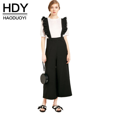 HDY Haoduoyi 2017 Autumn Fashion Womens Solid Black Ruffle Patchwork Casual Jumpsuit Sleeveless Wide Leg Rompers Overalls