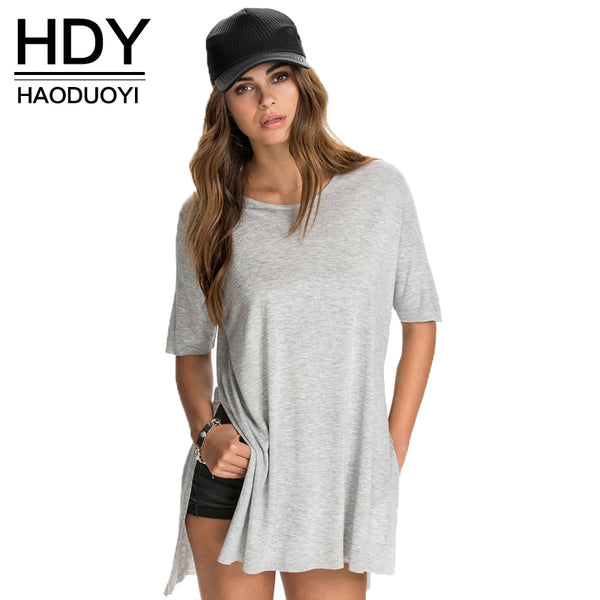 HDY Haoduoyi 2017 Summer Fashion  Solid Side Split Tops New Casual Loose Tees Stepped Hem Long Basic Women T-shirt