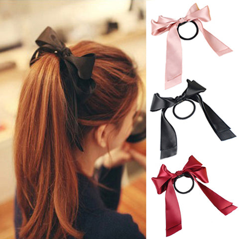 MOONBIFFY 1X Women Tiara Satin Ribbon Bow Hair Band Rope Scrunchie Ponytail Holder Hair Braider Styling Accessories Tools