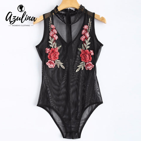 AZULINA Summer Floral Embroidered Women Romper Jumpsuit Halter V Neck Sleeveless Black Sexy Transparent Bodysuit Skinny romper