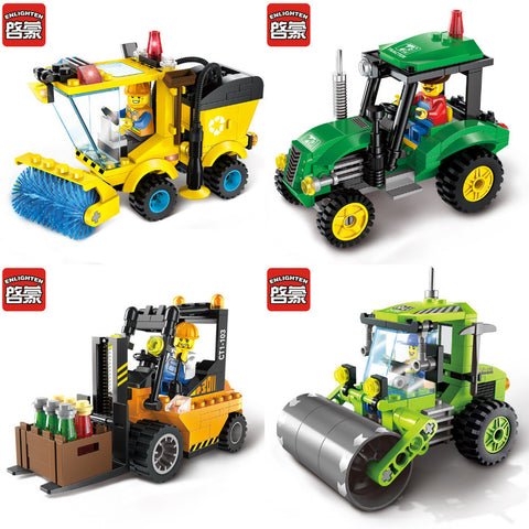 ENLIGHTEN City Construction Road Roller Forklift Truck Tractor Sweeper Truck Building Block  Kids Toy Compatible Legoe