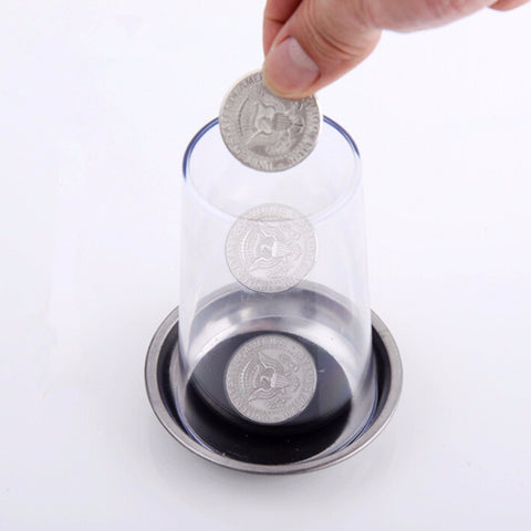 Magic Trick Props Coin Penetrates into the Cup Tricks The Good Stretch COINS Through the Glass Magical Steel Cup Mat