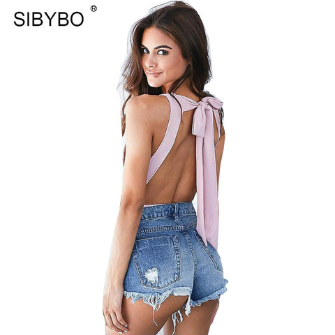 Sibybo 2017 Sexy Chic Backless Bodysuit  Women Black / White  Deep V Neck Summer Bodycon Bodysuit Rompers Womens Jumpsuit