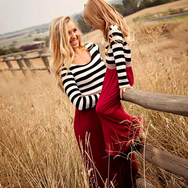 New 2017 Red Long Sleeve Mother Daughter Dresses Family Matching Clothes Striped Mom and Daughter Dress Family Look Outfits