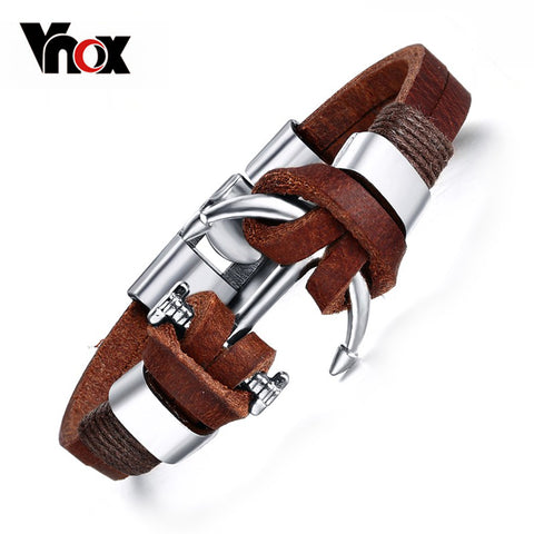 Vnox Brown Genuine Leather Bracelets Charm Mens Jewelry Anchor Male Accessories