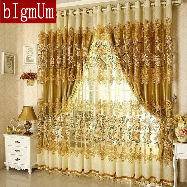 On sale ! Curtains Luxury Beaded For Living Room Tulle +Blackout Curtain Window Treatment/drape  In Golden/Pink Freeshipping