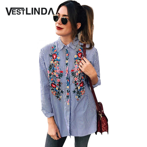VESTLINDA Women Blouses 2017 Casual Floral Embroidery Shirt Long Sleeve Turn Down Collar Tops Striped Blusas Femme Loose Blouse